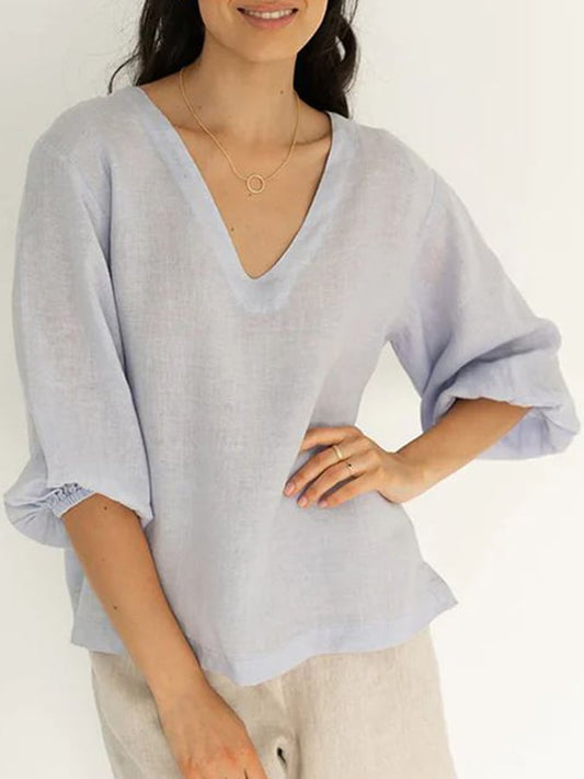 Lovevop V-Neck Puff Sleeve Loose Shirt