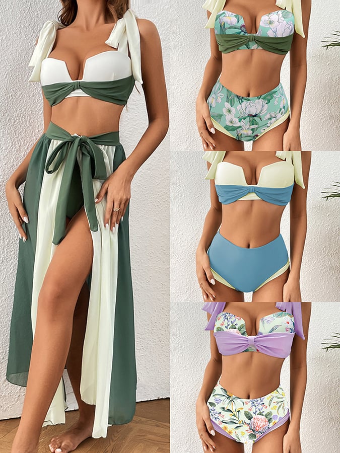 Printed Tie Up Beach Skirt Bikini Three Piece Set