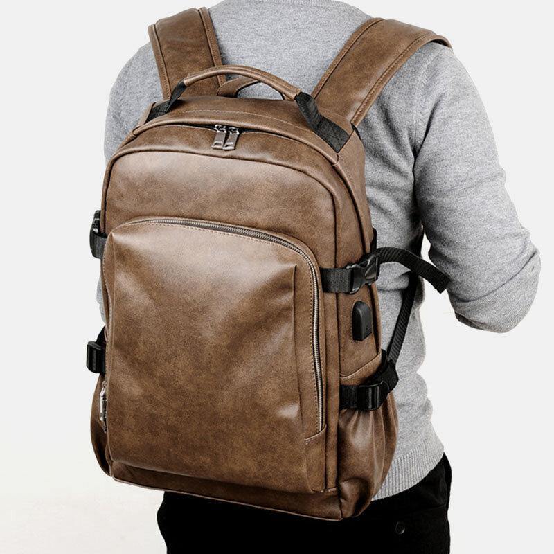 lovevop Men PU Leather USB Charging Business Casual Waterproof 14 Inch Laptop Bag Student School Bag Adjustable Backpack