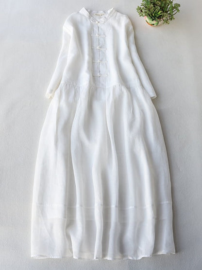 Cotton And Linen Standing Collar Retro Button Up Solid Color Loose Dress