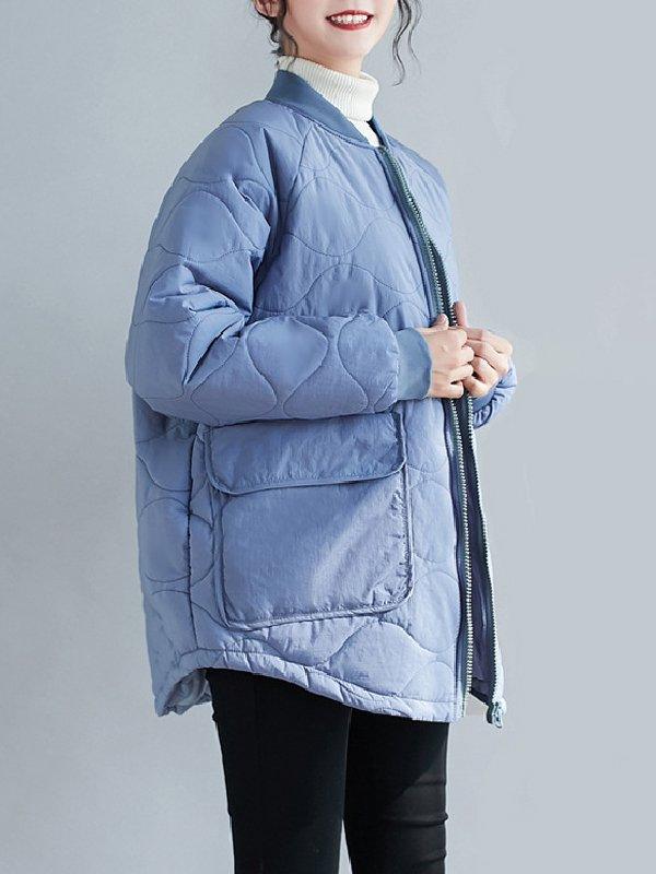 lovevop Casual Loose Solid Color With Big Pocket Stand Collar Long Sleeves Padded Coat