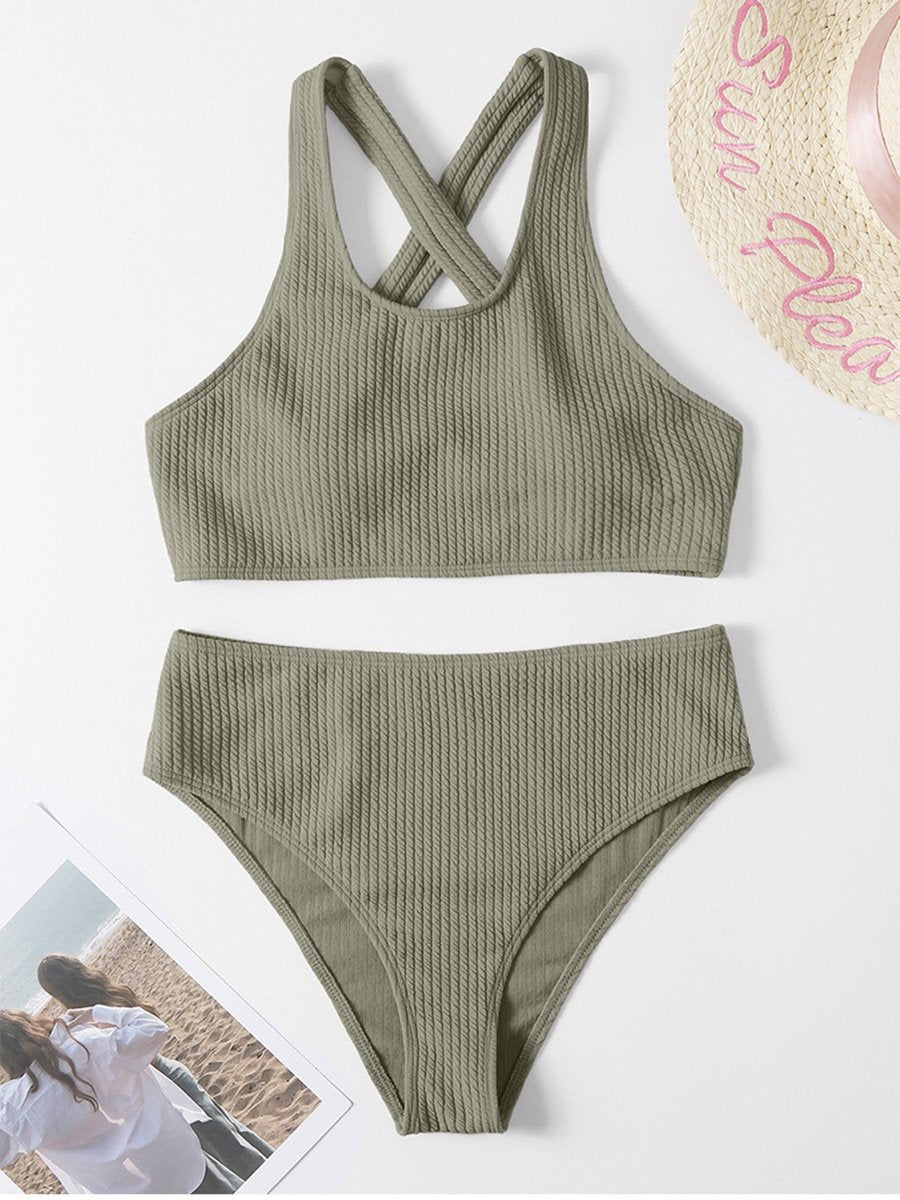 Solid Color Strapping Small Pit Stripe Split Swimsuit