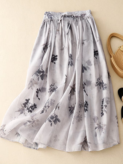 Lovevop Botanical Floral Print Tie Loose Skirt