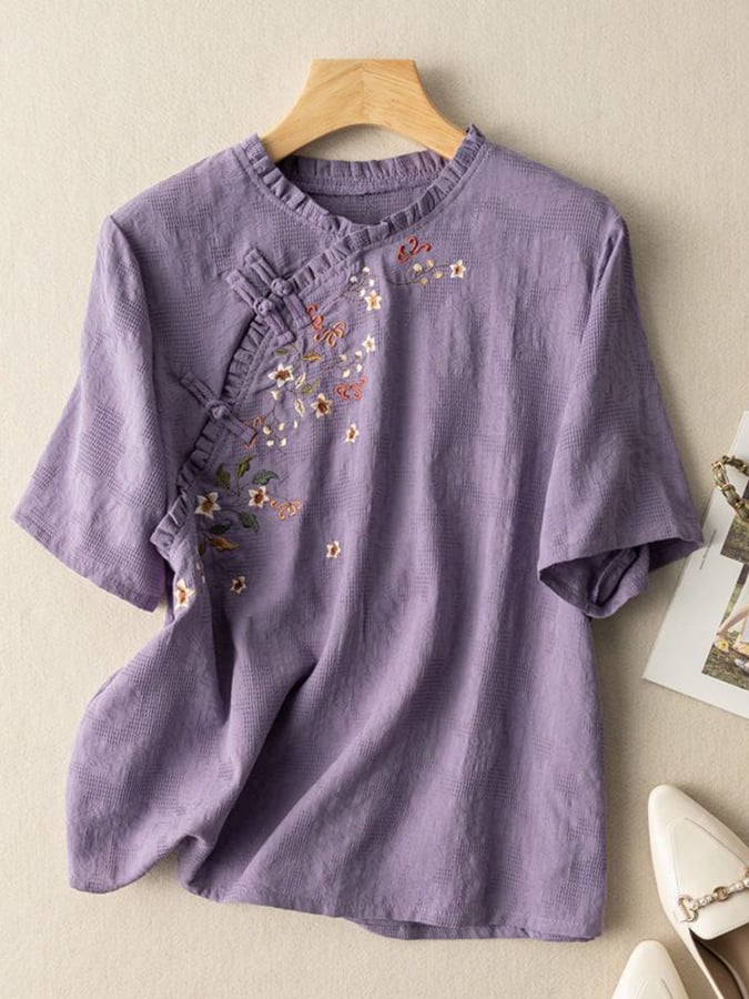 Lovevop Cotton Literary Artistic Retro Diagonal Placket Embroidered Shirt