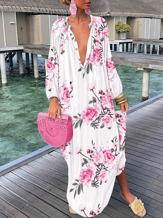 Women's Vintage Floral V-Neck Loose Casual Dress