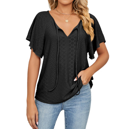 Women's solid colour V-neck lace-up loose t-shirt