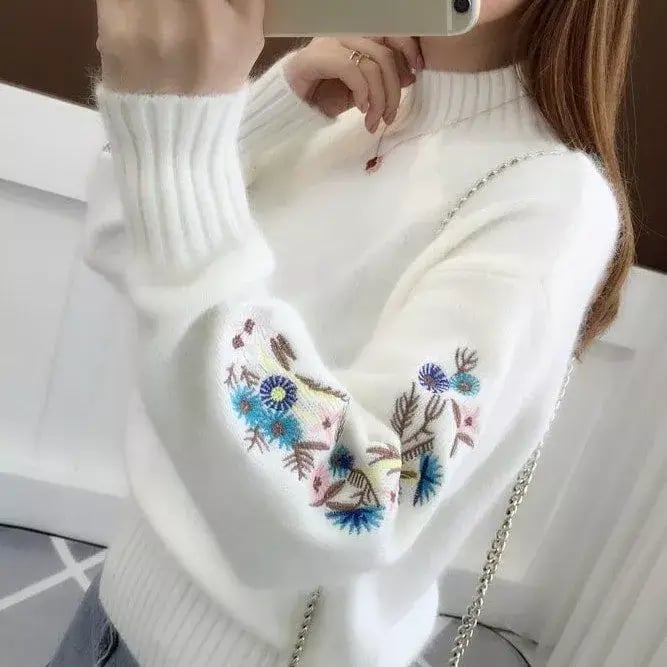 Knitted Floral Embroidery Thick Sweater