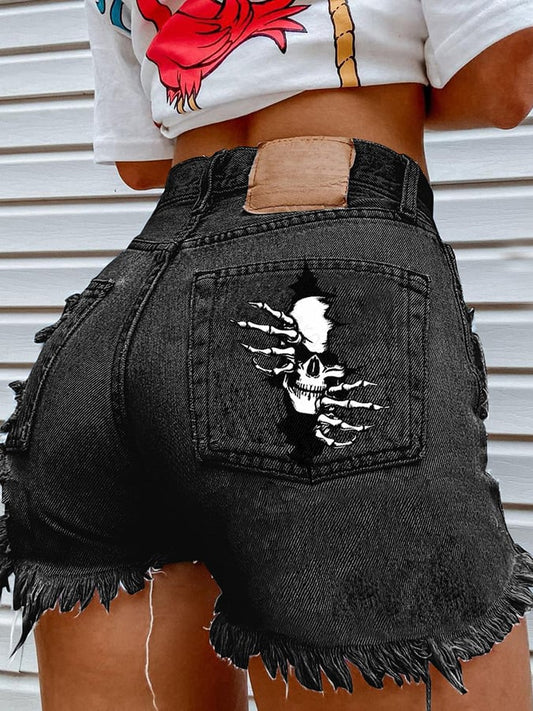 Skull Print Hip Sexy Denim Shorts