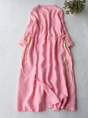 Lovevop Cotton And Linen V-neck Diagonal Neckline Drawstring Open Button Dress