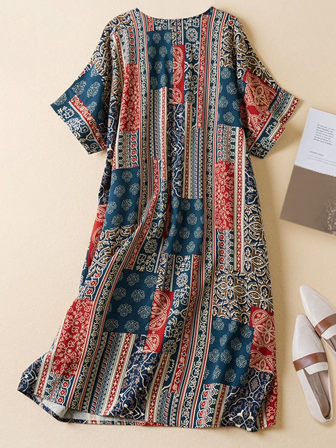 Lovevop Loose Cotton And Linen Comfortable Retro Printed Dress