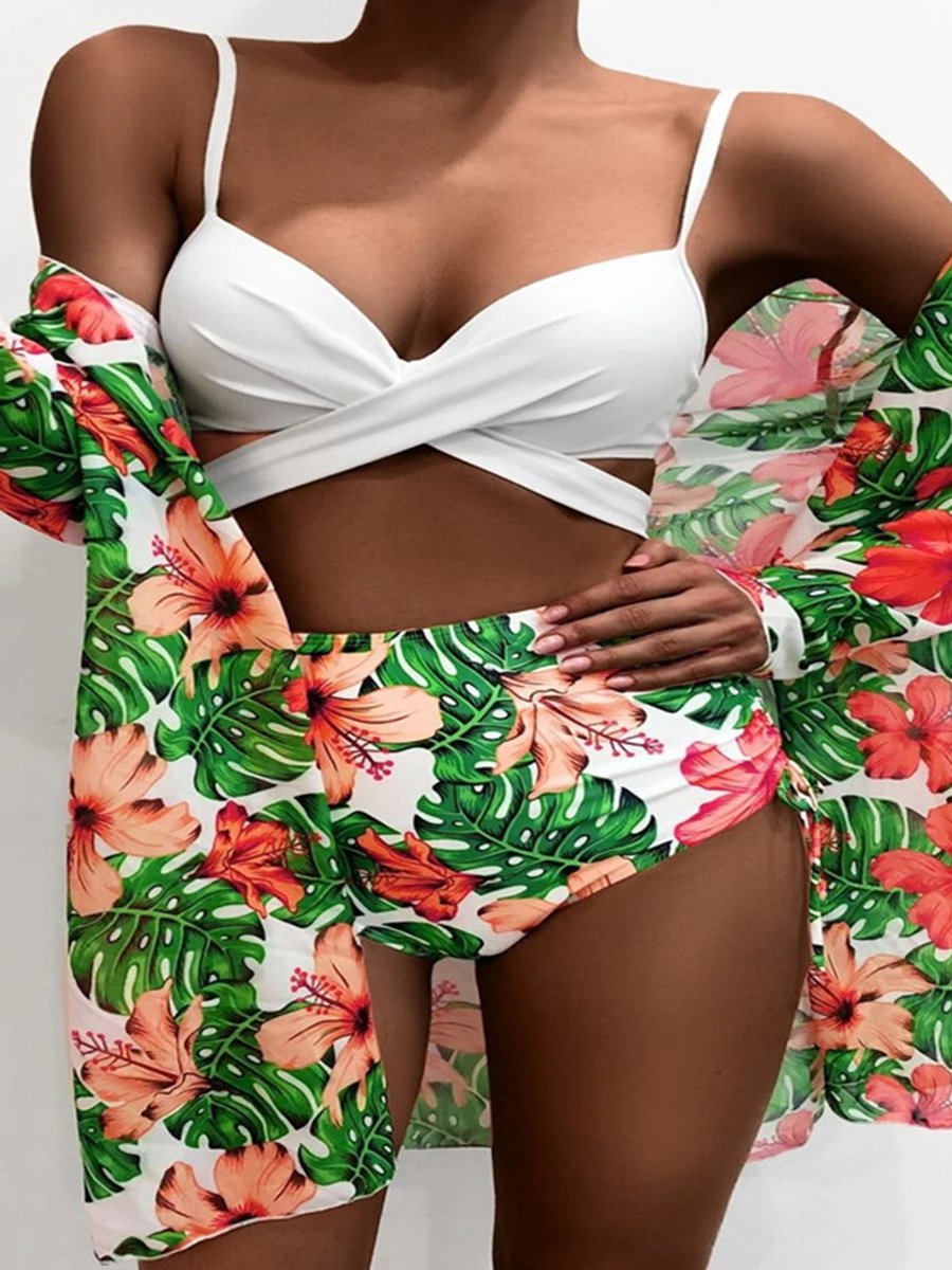 Three Piece Bikini Printed Sunscreen Cover Split High Waisted Swimsuit