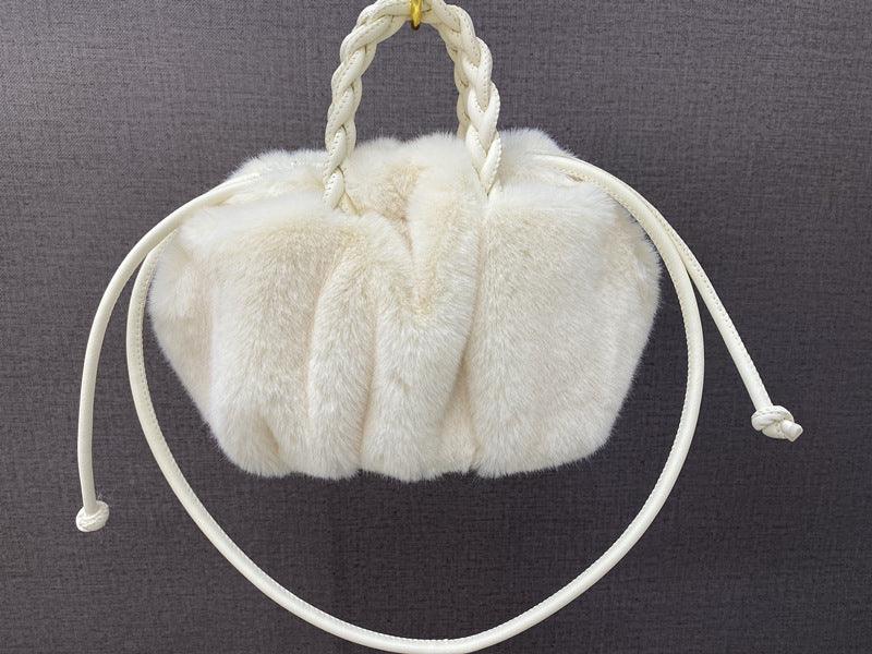 lovevop Leather Mink Fur Pleated Cloud Bag