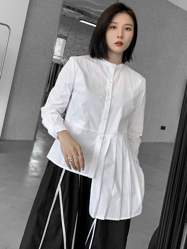 lovevop Stylish Irregular Solid Color Split-Joint Pleated Buttoned Stand Collar Long Sleeves Blouse