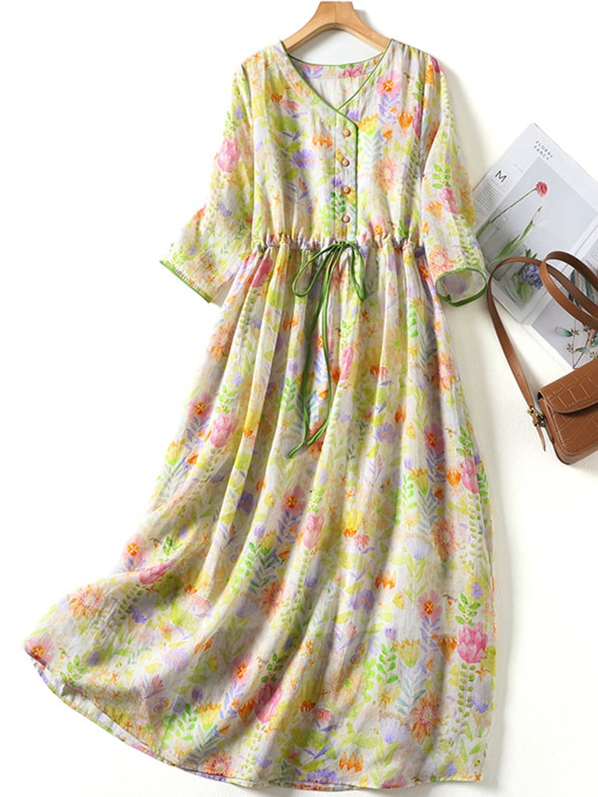 Lovevop Artistic Floral Waistband Mid Sleeved Dress