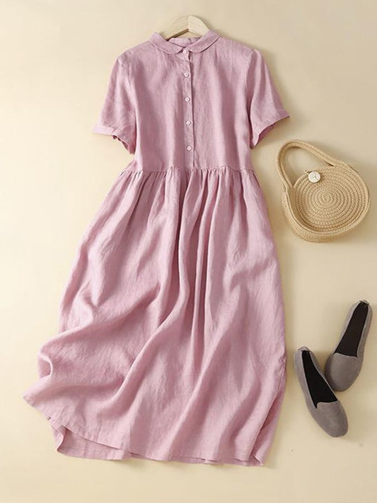 Lovevop Cotton Linen Short Sleeved Solid Color Casual Dress