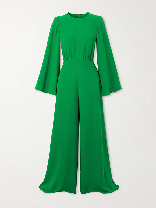 Love-vop - Flared Sleeves Long Sleeves Solid Color Split-Joint Zipper Round-Neck Wide Leg Jumpsuits