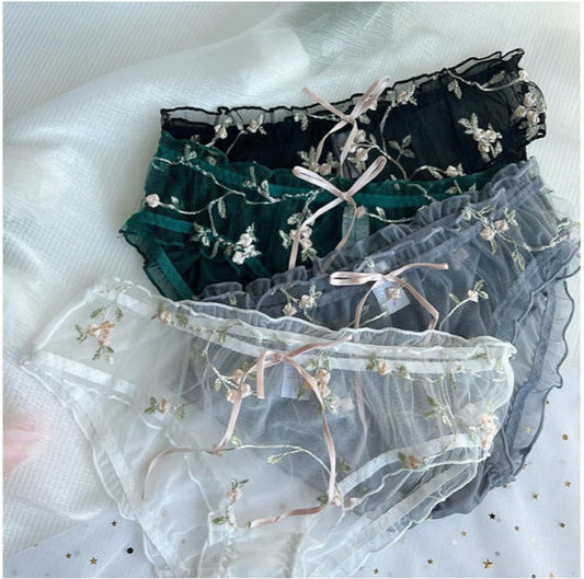Cute bow fungus edge briefs embroidered mesh transparent girls panties