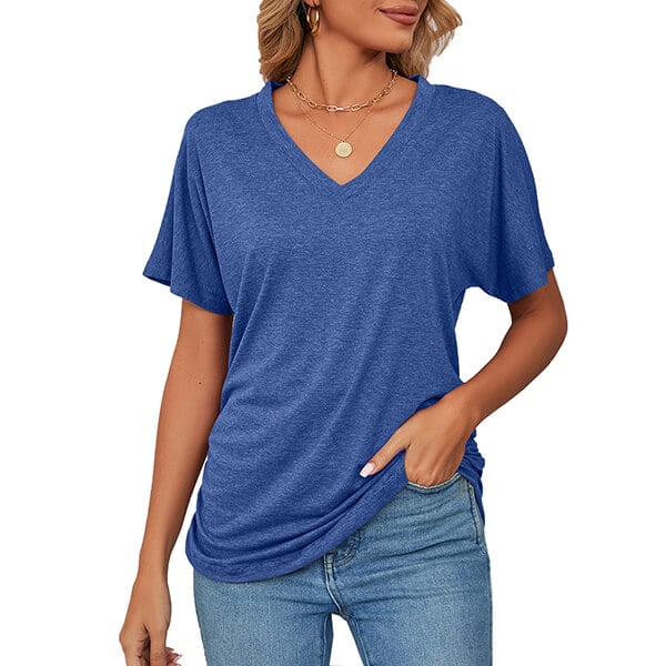New casual pullover v-neck solid color loose ladies tops