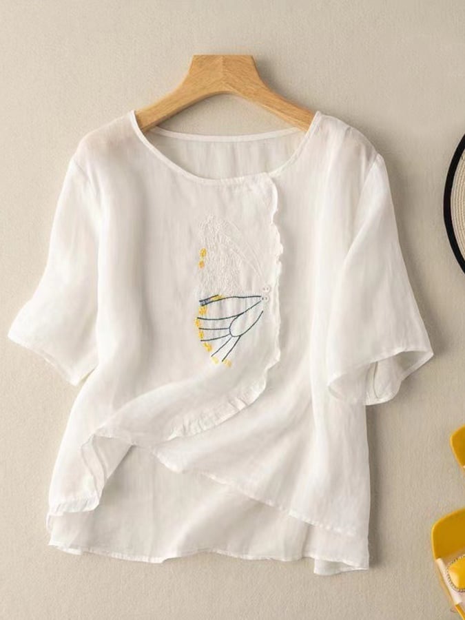 Lovevop Cotton Artistic Retro Embroidery Short Sleeve Shirt