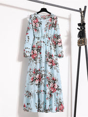 Lovevop Printed Bubble Sleeves Wrapped Waist Fragmented Flower Dress