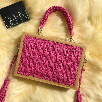 lovevop Wooden Frame Straw Bag