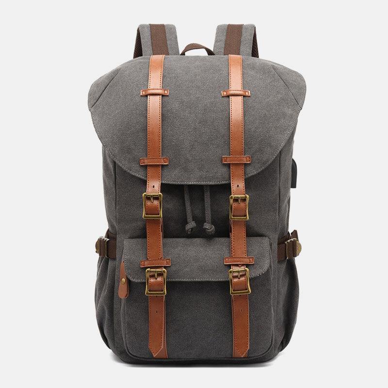 lovevop Men Genuine Leather And Canvas USB Charging Retro Travel Outdoor Large Capacity Backpack