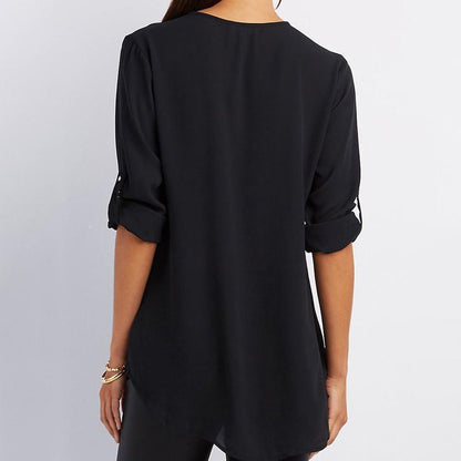 V Neck Zipper Patchwork Plain Blouses