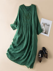 Lovevop Vintage Cotton And Linen V-Neck Embroidered Long Sleeved Dress