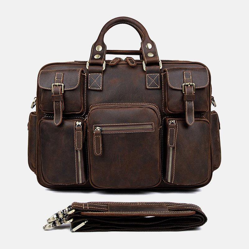 lovevop Men Genuine Leather Detachable Strap Large Multi-Pocket 15.6 Inch Laptop Bag Briefcase Messenger Bag Crossbody Bags