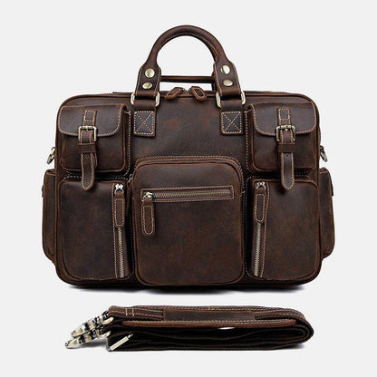 lovevop Men Genuine Leather Detachable Strap Large Multi-Pocket 15.6 Inch Laptop Bag Briefcase Messenger Bag Crossbody Bags