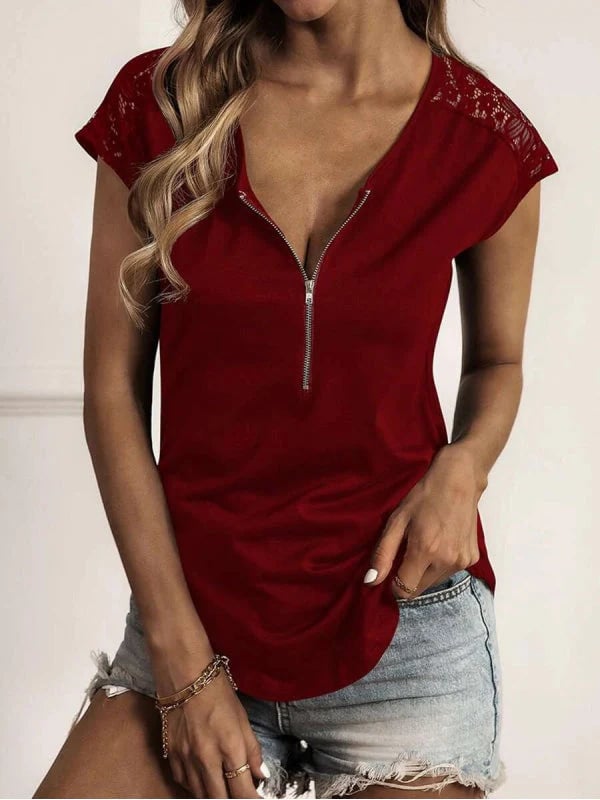 Solid color round neck half zipper splicing lace short sleeve t-shirt