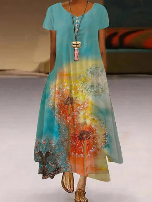 Printed Short Sleeve Irregular Dress