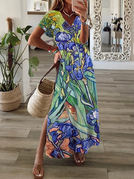 Women‘s Van Gogh Oil Painting Irises Print Slit V-Neck Dress