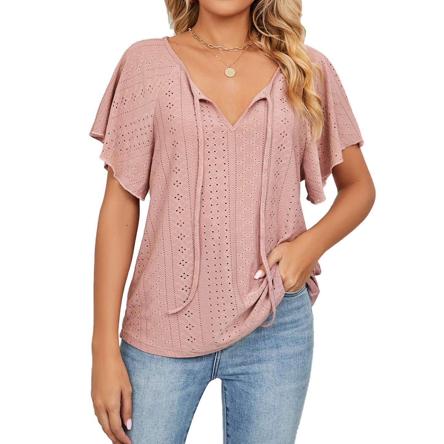 Women's solid colour V-neck lace-up loose t-shirt