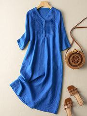 Lovevop Cotton And Linen V-Neck Pleated Loose Dress