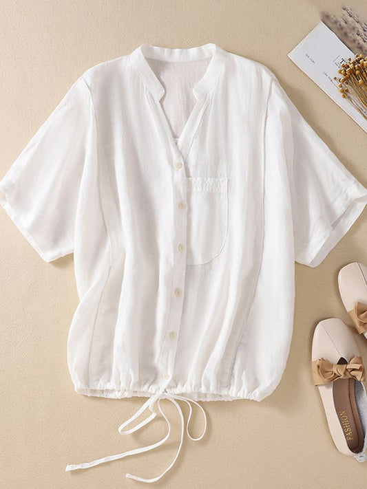 Lovevop Solid Color V Neck Button Hem Drawstring Casual Top
