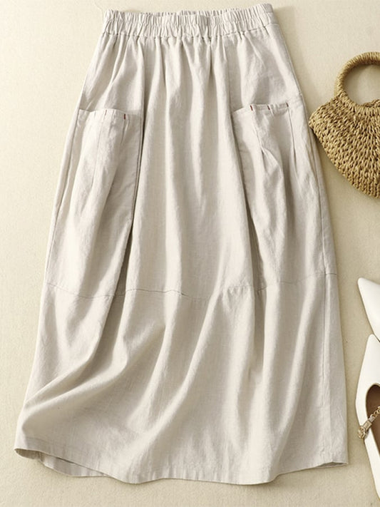 Lovevop Cotton And Linen Two-pocket Elastic Waist Skirt