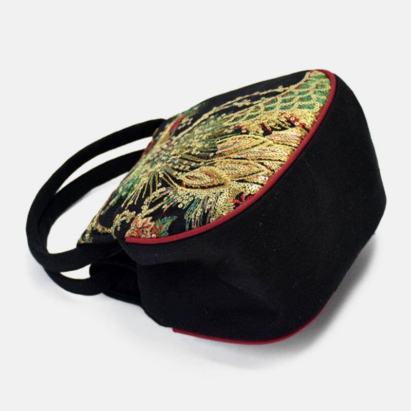 lovevop Women Canvas Ethnic Style Embroidery Peacock Pattern Casual Elegant Mini Ladies Handbag