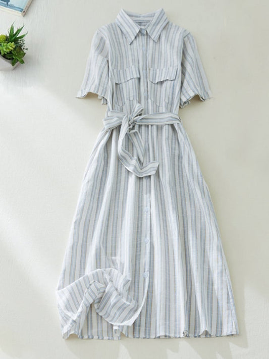 Lovevop Waist Tie Vertical Stripe Polo Collar Short-Sleeved Dress