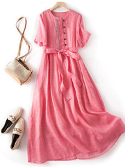 Lovevop Ethnic Pleated Waistband Cotton Linen Dress