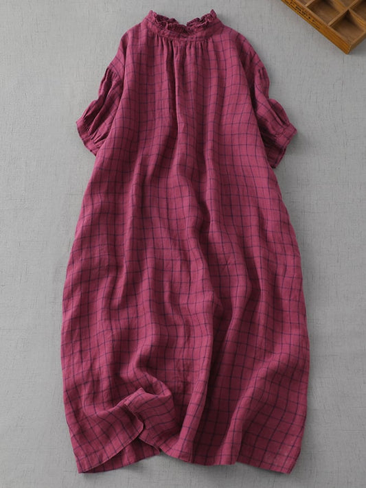 Lovevop Cotton And Linen Plaid Loose Standing Neck 3/4 Sleeve Dress