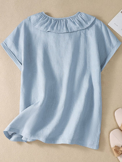 Lovevop Solid Color Ruffle Round Neck Button Casual Top