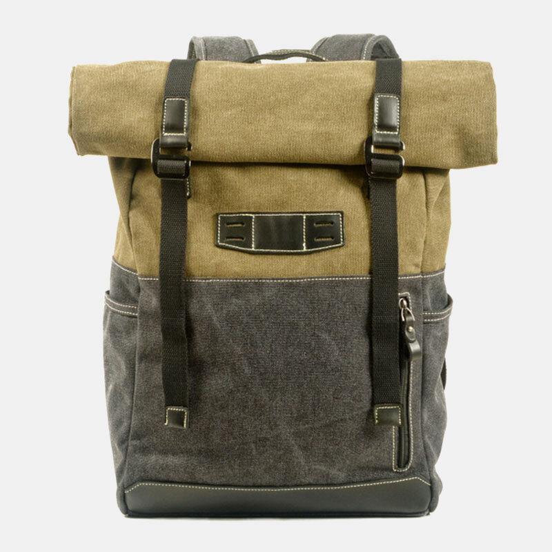 lovevop Men Genuine Leather Cowhide and Canvas Patchwork Outdoor Waterproof Anti-theft Hiking 14 Inch Laptop Backpack