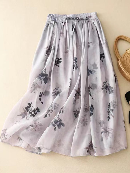 Lovevop Botanical Floral Print Tie Loose Skirt