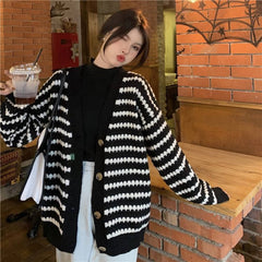 Cardigan knitted with striped V-neck loose sweater for women