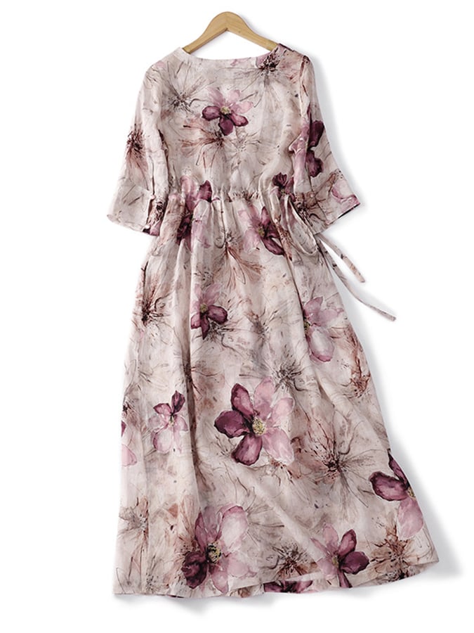 Lovevop Cotton and Linen Tie Floral Dress