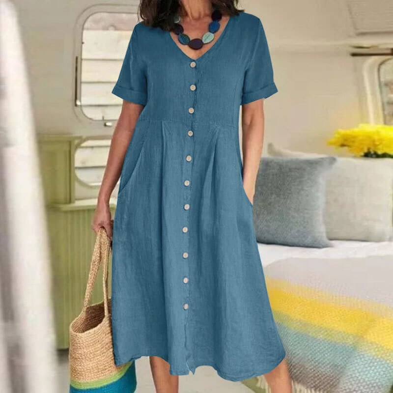 Solid colour loose high waist cotton linen dress