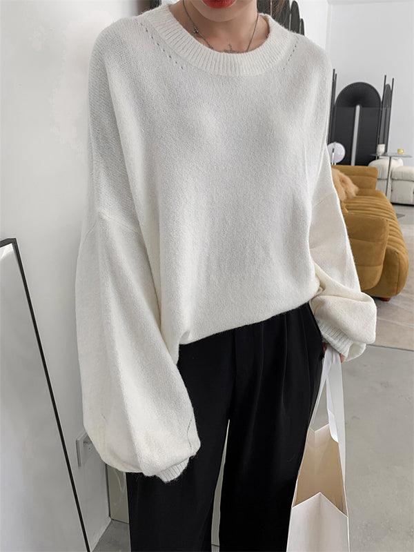 lovevop Stretch Mohair-Blend Balloon Sleeves Loose Solid Round-Neck Sweater Tops