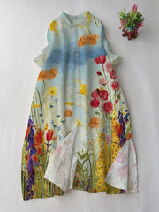 Lovevop Artistic Elegant Floral Print Shirt Dress