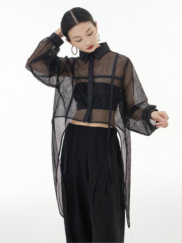 lovevop Stylish Long Sleeves Loose Mesh See-Through Sun Protection Blouses&Shirts Tops